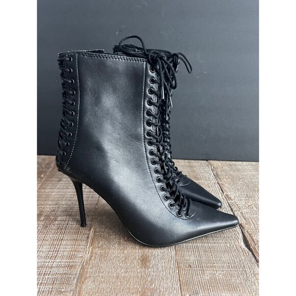 Steve Madden Allnight Lace-Up Stiletto Dress black leather Booties size 8.5 - Picture 3 of 8